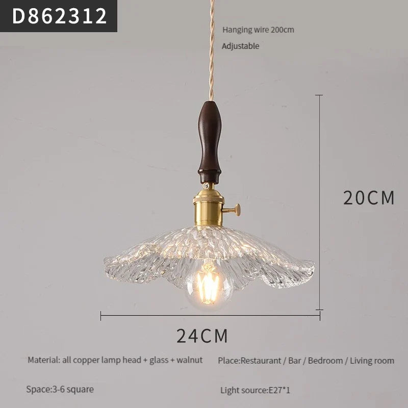 suspension moderne en laiton avec abat-jour rustique en verre de noyer