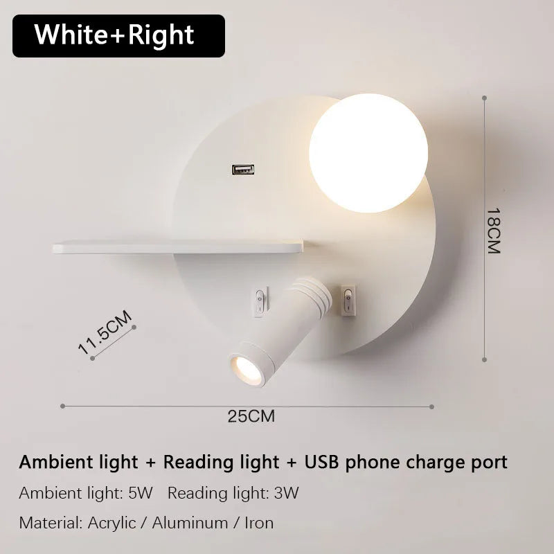 applique murale led avec chargement usb pour téléphone portable
