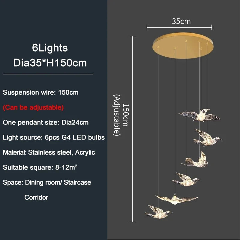 YOULAIKE oiseau design led lustre pour escalier de luxe salon suspendu luminaire couloir longue spirale acrylique lampes