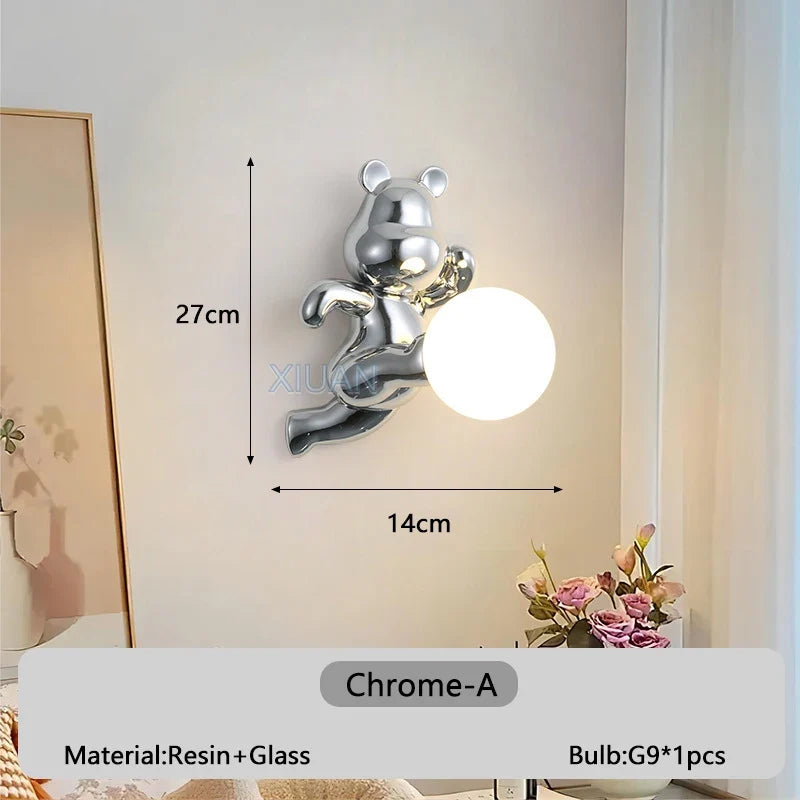 Chrome White Pink Bear Lights Art Design Bedroom Bedside Wall Lamps Resin Animal Glass Sconces Living Room Decorative Wall Light