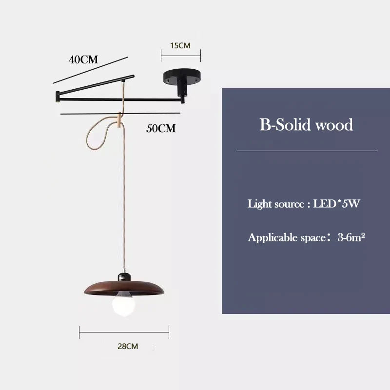lustre en bois de noyer rétractable à bras pivotant moderne