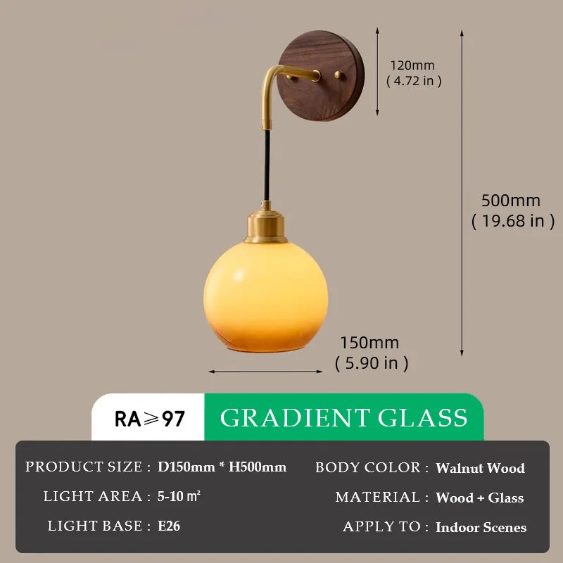 Walnut Wood Brass Gradient Glass Wall Light, Wall Sconce for Bedroom, Bedside, Living, Dining Room, Corridor aisle