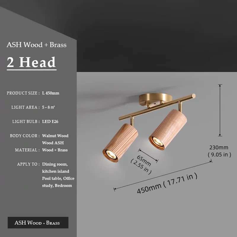 Walnut Wood Brass Spotlight Ceiling Light Fixture, Living Room Light for Dining Room, Kitchen Island, Corridor aisle, bedroom