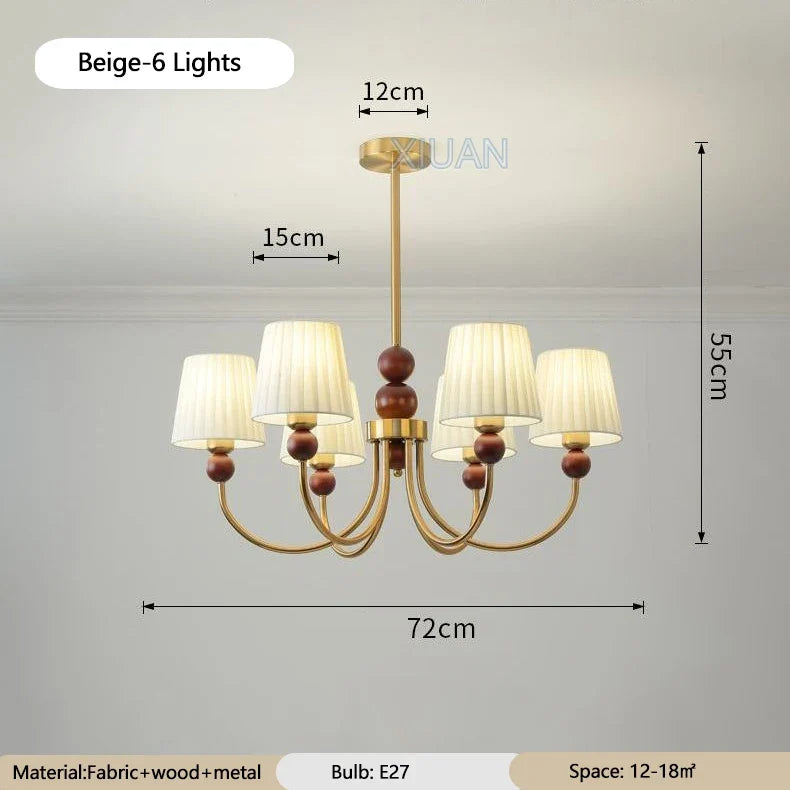 lustre led vintage américain en tissu plissé et bois wabi-sabi