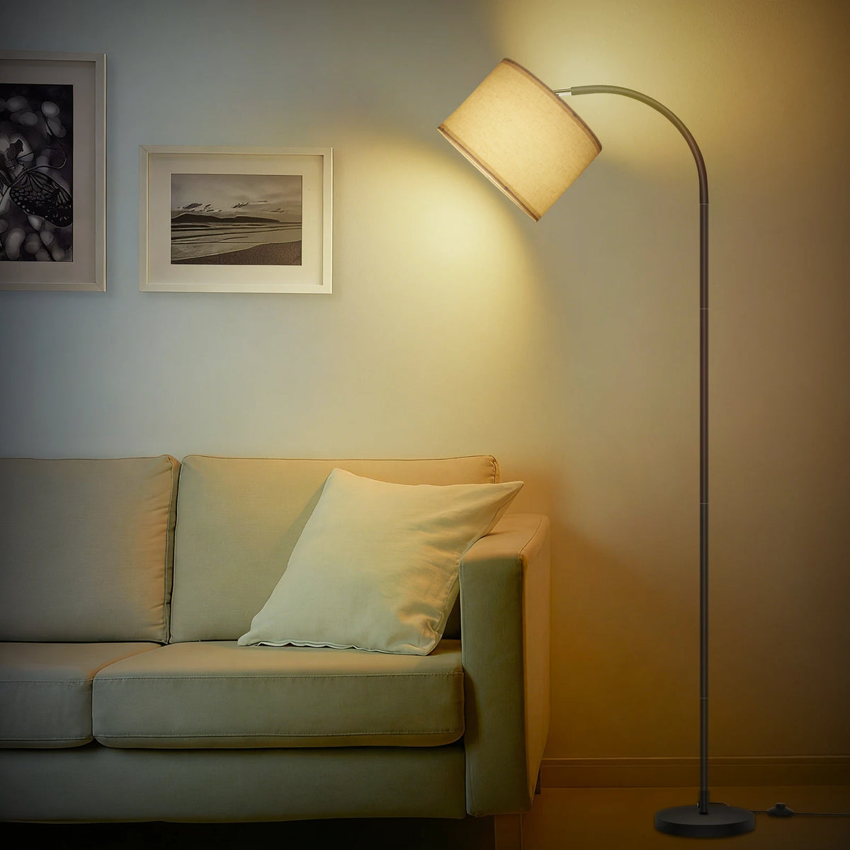 Lampadaire arc en métal noir et abat-jour en lin — Arceau