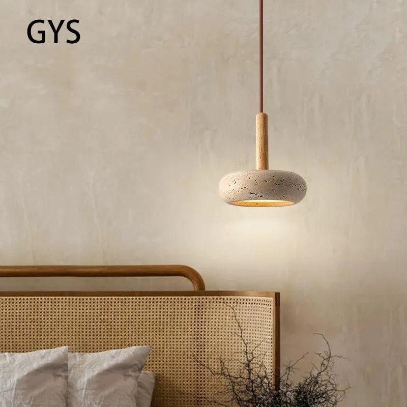 Suspension LED en pierre et bois moderne chevet japonais