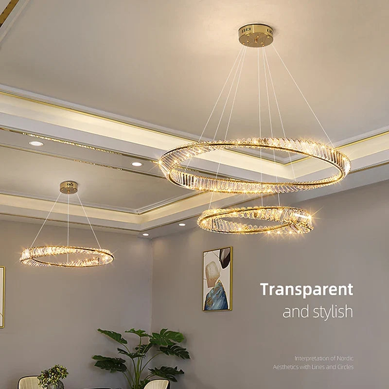 Crystal LED Chandelier for Living Room Kitchen Bedroom Ceiling Pendant Lamp, Gold Modern Remote Control Hanging Light