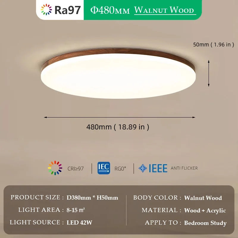 Walnut wood Flush Mount, Modern Minimalism Wabi-sabi, Ultrathin eye protection Ceiling light for Living room, Study, Bedroom