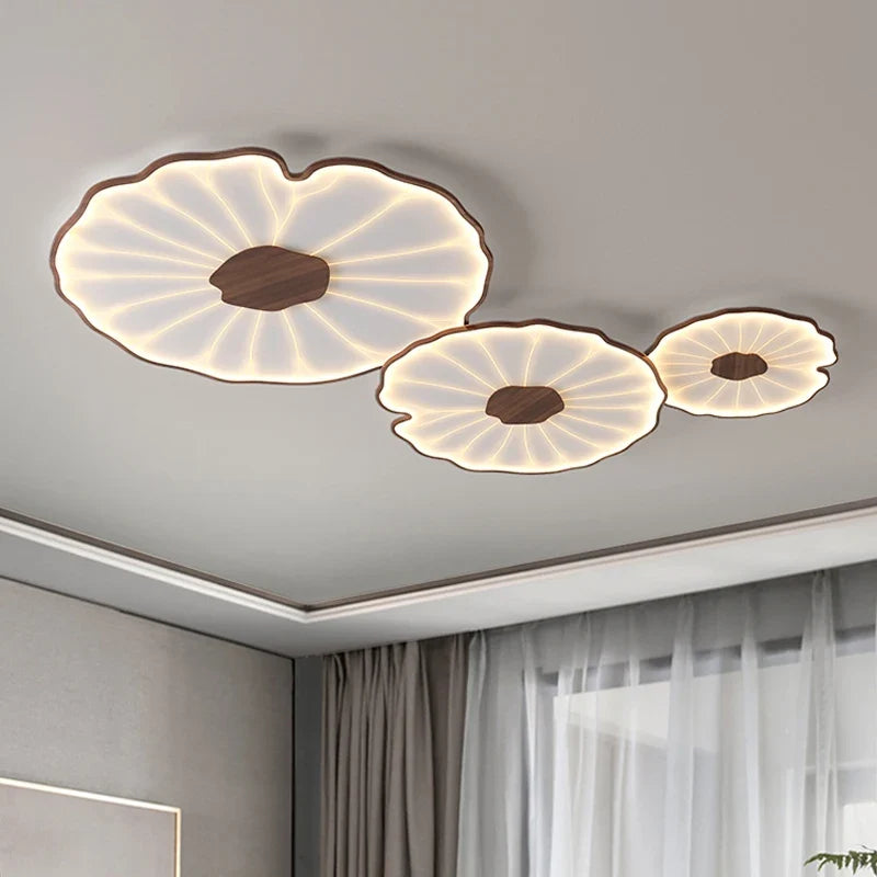 plafonnier moderne à grain de bois pour salon chambre à coucher étude crèche pour enfants conception de feuille de lotus lustre à LED en métal