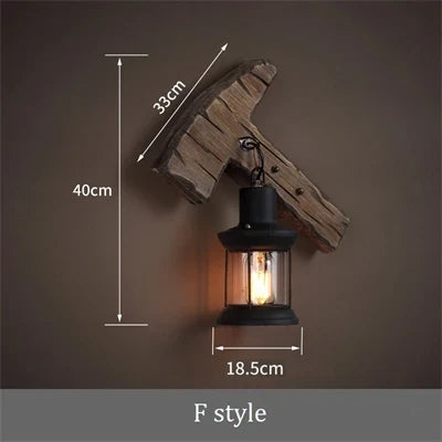 applique murale industrielle vintage en bois avec abat-jour en métal et verre