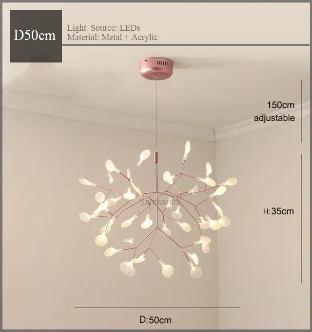 2024 Nordic Hanging Living Room Chandelier Large Modern Kitchen Firefly Lamp Rose Gold Black Branch Round Chandelier Lighting