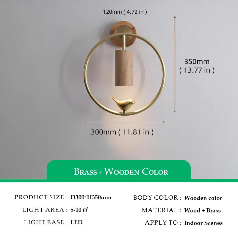 Walnut Wood Circle Brass bird, Wabi-sabi Modern style, Wall Sconce light for Bedroom, Bedside, Living, Recreation, Study