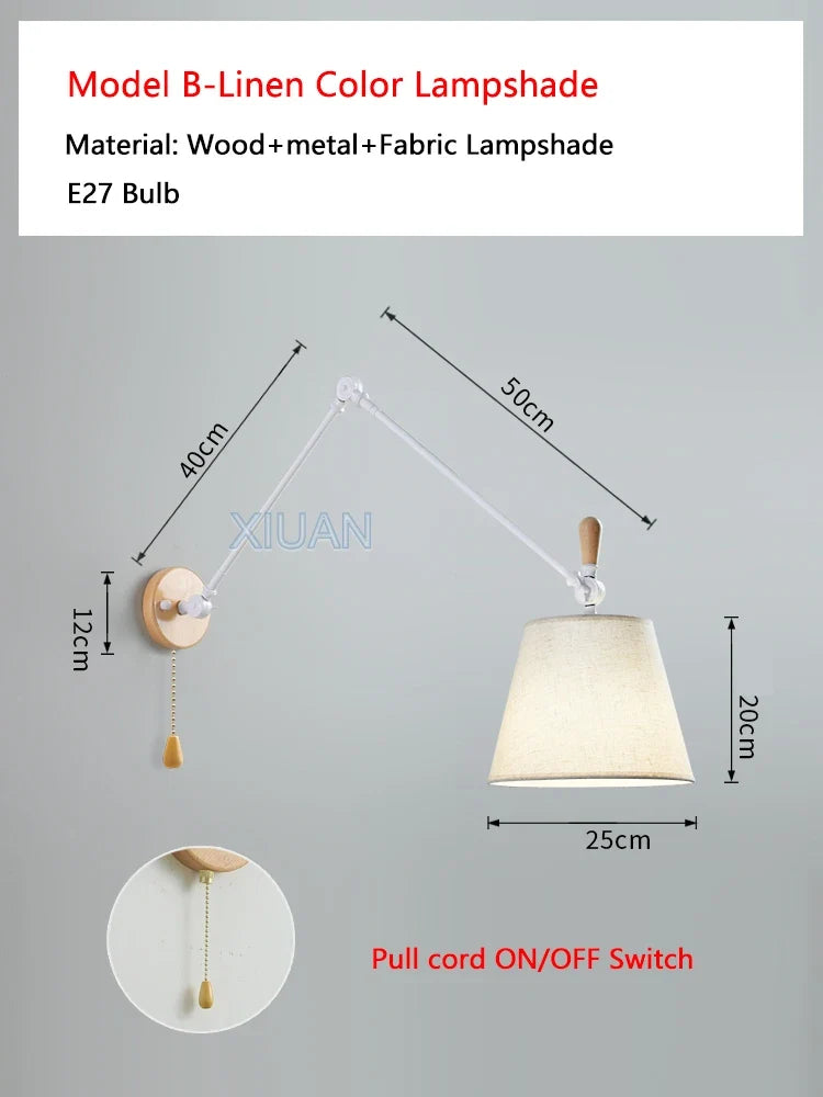 Nordic Shiftable Rocker Arm Wall Lamps Fabric Lampshade Dining Table Wall Light for Bedside Study Reading Lighting ON/OFF Switch