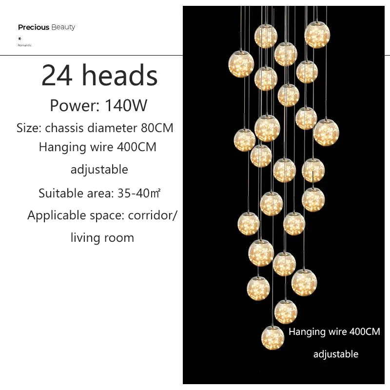 lustre moderne en colimaçon avec éclairage led et boule de cristal