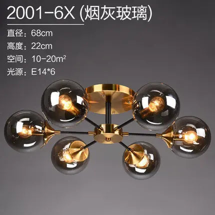 lustre boule led design en verre transparent et gris fumé