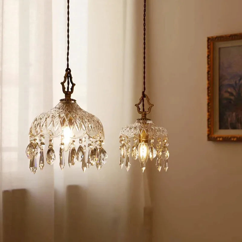 lustre en laiton nordique rétro suspendu en cristal et verre
