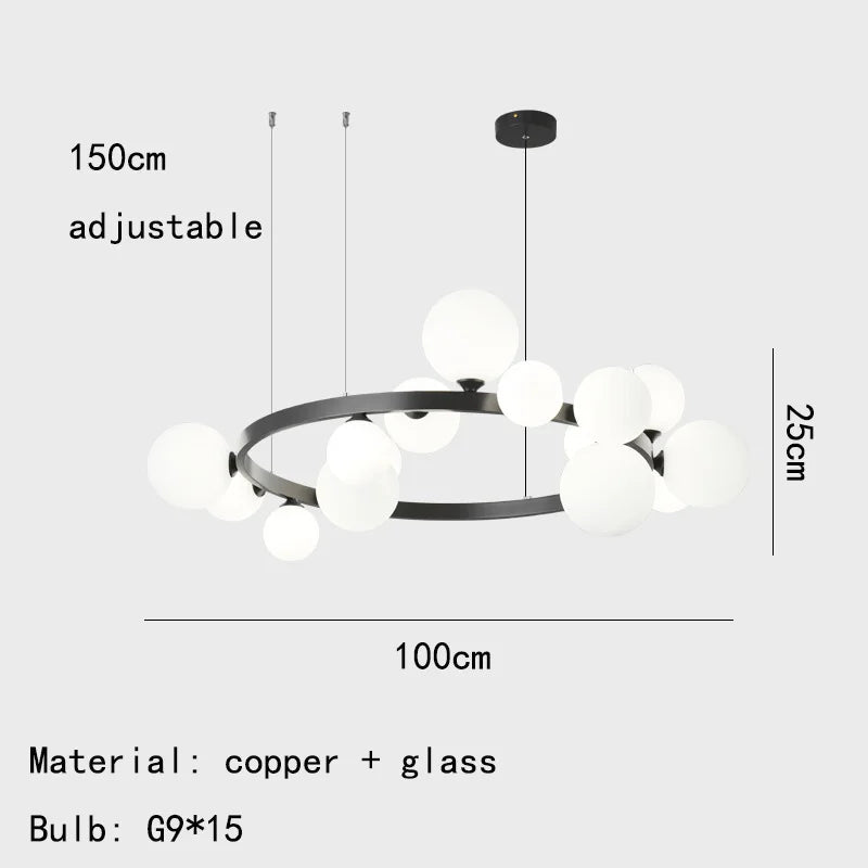 suspension moderne à anneau en laiton et verre blanc