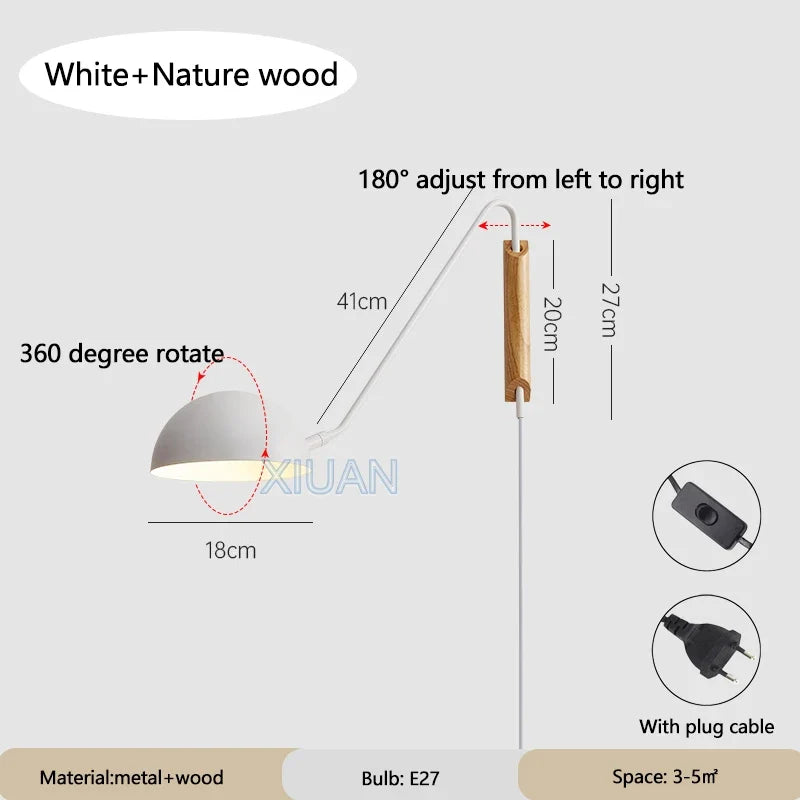Nordic Bedroom Bedside Wall Lamps Plug In Wall Sconce Black White Iron Lampshade Swing Long Arms Wall Mounted Light E27