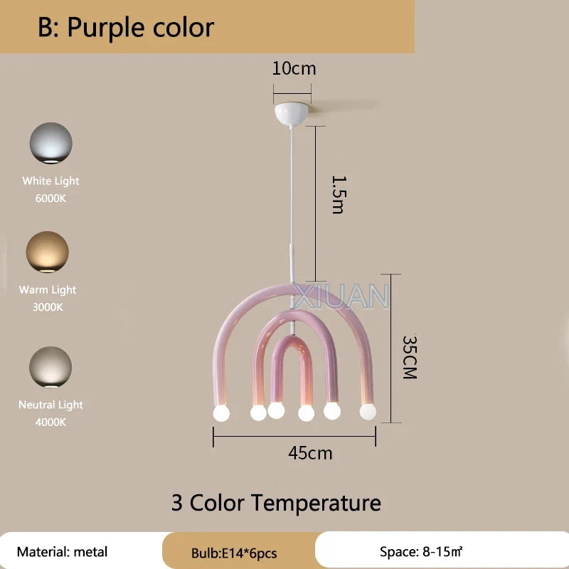 Creative Colorful Rainbow Pendant Lamps Iron E14 LED Bedroom Hanging Light Art Design Girl Kids Room Chandelier Lighting Indoor