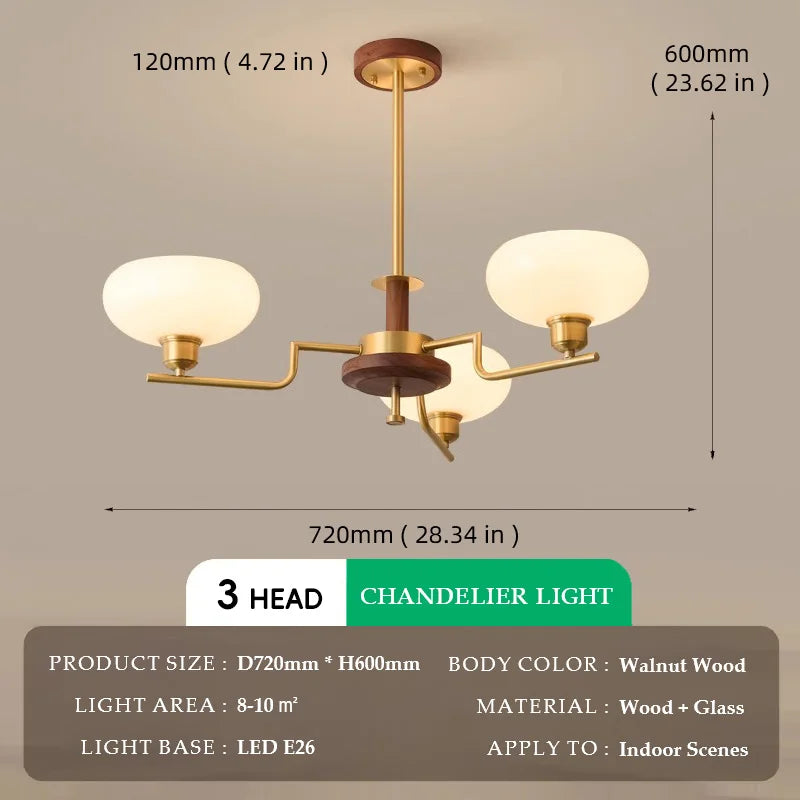 Walnut Wood Glass Brass, Wabi-sabi Modern Vintage style, chandelier lights for Living room, Bedroom, dining room, study