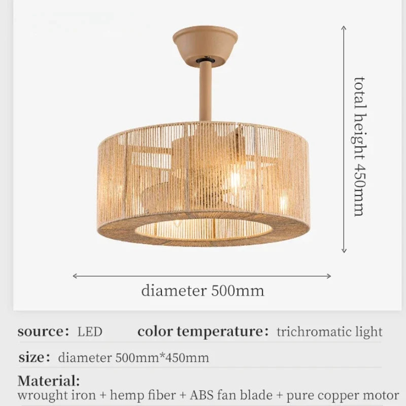 plafonnier décoratif en corde tressée avec ventilateur et intensité variable