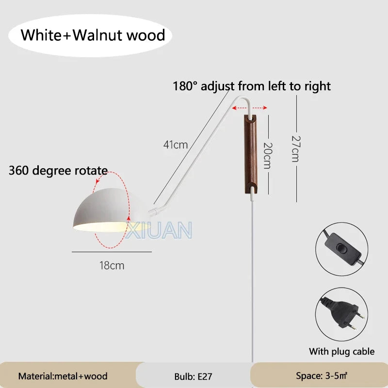 Nordic Bedroom Bedside Wall Lamps Plug In Wall Sconce Black White Iron Lampshade Swing Long Arms Wall Mounted Light E27