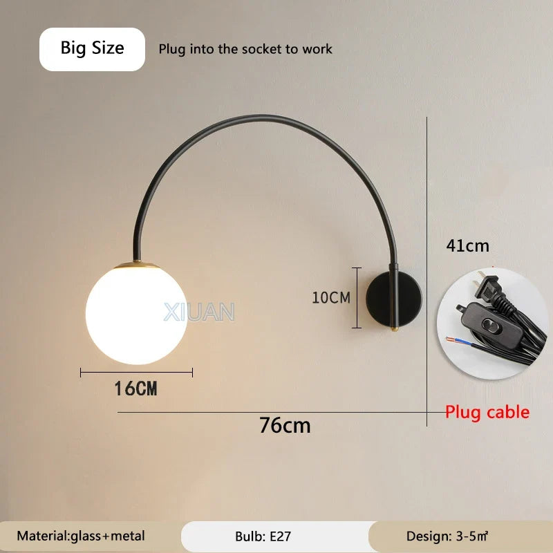 Minimalist Long Pole Fishing Wall Lamp Rotate Swing Arm White Glass Ball Wall Light for Living Room Bedroom Dining Table Indoor