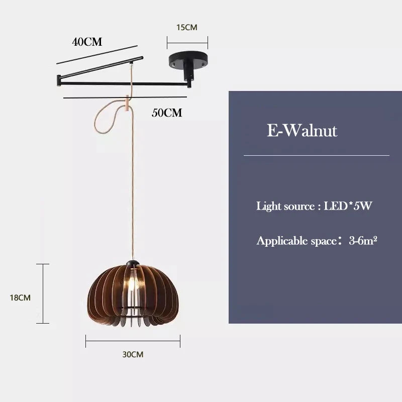 lustre en bois de noyer rétractable à bras pivotant moderne