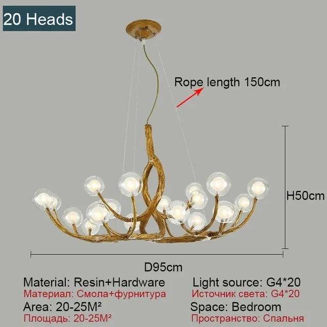 lustre nordique en résine imitation branche avec boule de verre