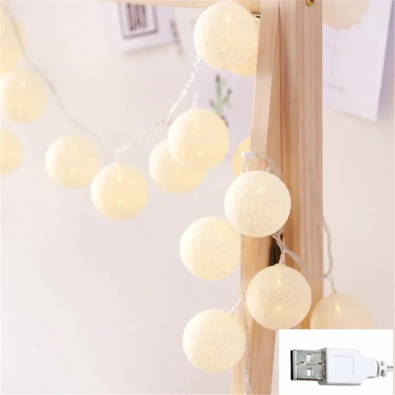 Cotton Ball Garland Lights String, Fairy Lights, Christmas, XmasHoliday Wedding Party, Baby Bed, Outdoor Decorations, 6m, 40 LED