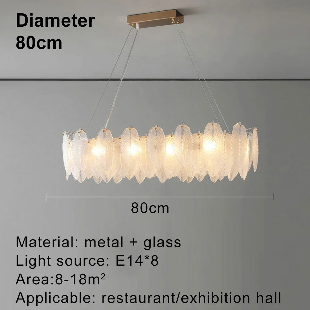 lustre moderne en verre avec plumes et lumière LED