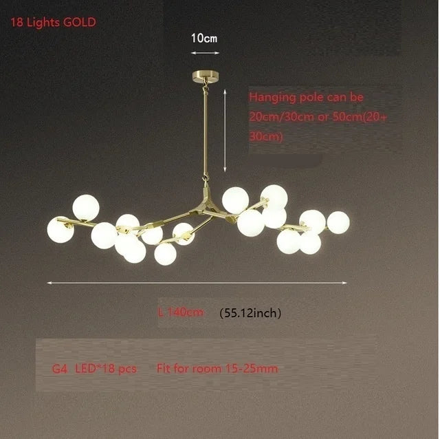 lustre en verre avec branches d'arbre et boules lumineuses