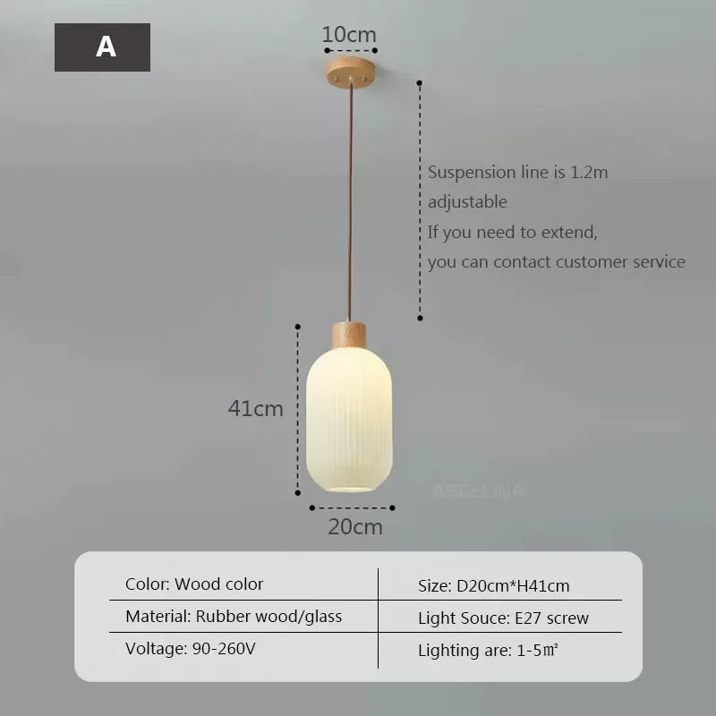 Suspension à rayures en verre blanc nordique lustre de Restaurant en bois Simple pour salle à manger cuisine chevet lampe suspendue au plafond