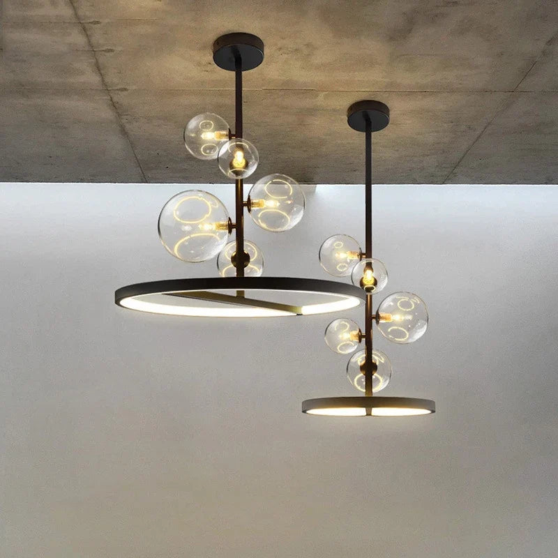 lustre moderne en verre transparent avec bulles en métal