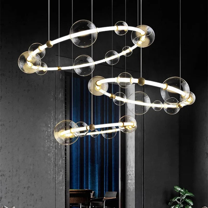 lustre de luxe à bulles longue bande éclairage led en verre transparent créatif