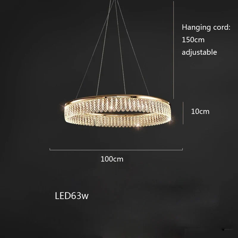 lustre led en cristal losange rond à plusieurs anneaux luxueux