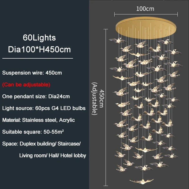 YOULAIKE oiseau design led lustre pour escalier de luxe salon suspendu luminaire couloir longue spirale acrylique lampes
