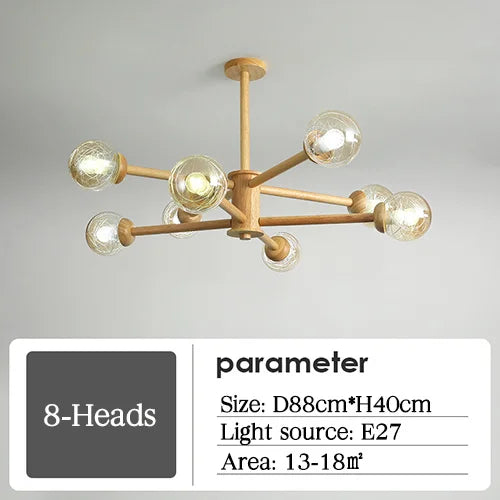 lustre moderne en bois avec abat-jour en verre pour décoration maison