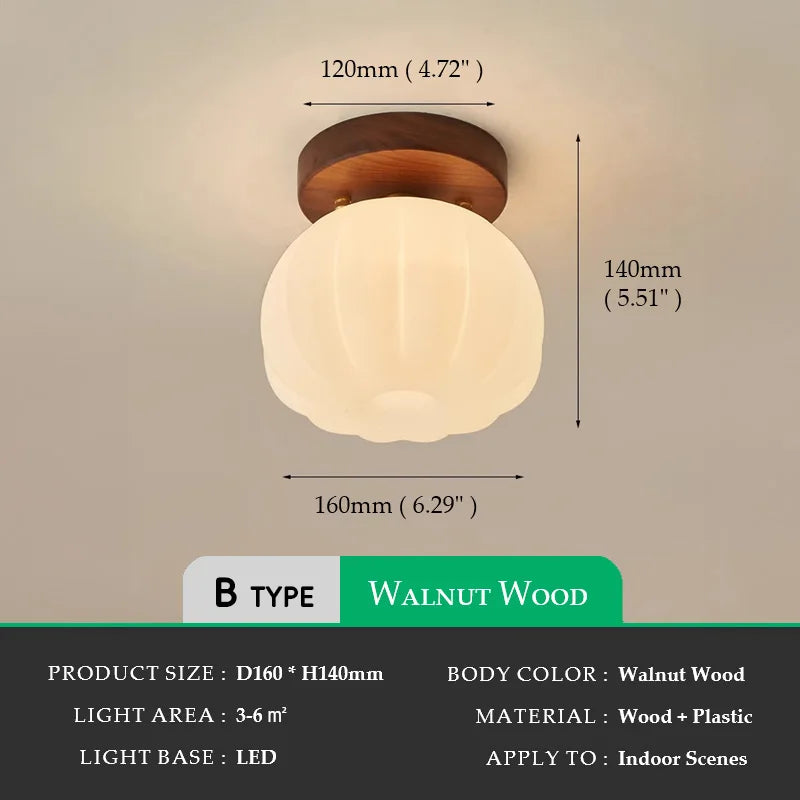 Walnut Wood Roll Molded Pumpkin, Wabi Sabi Modern, Flush Ceiling light fixture for Entrance Hall, Corridor, Balcony, Entrance