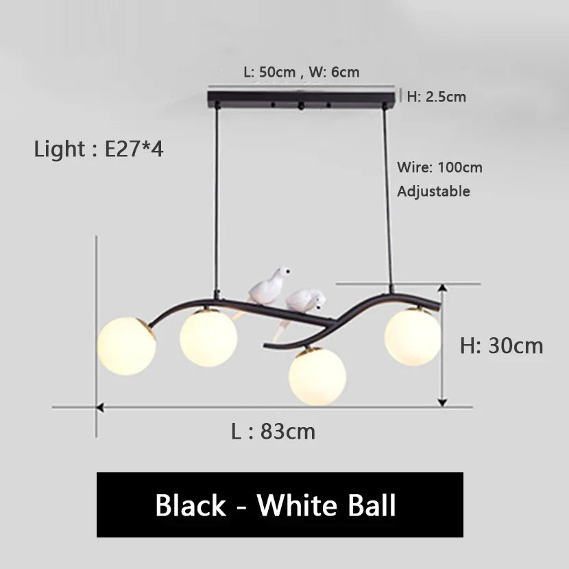 lustre en fer avec oiseau et boule de verre suspendue