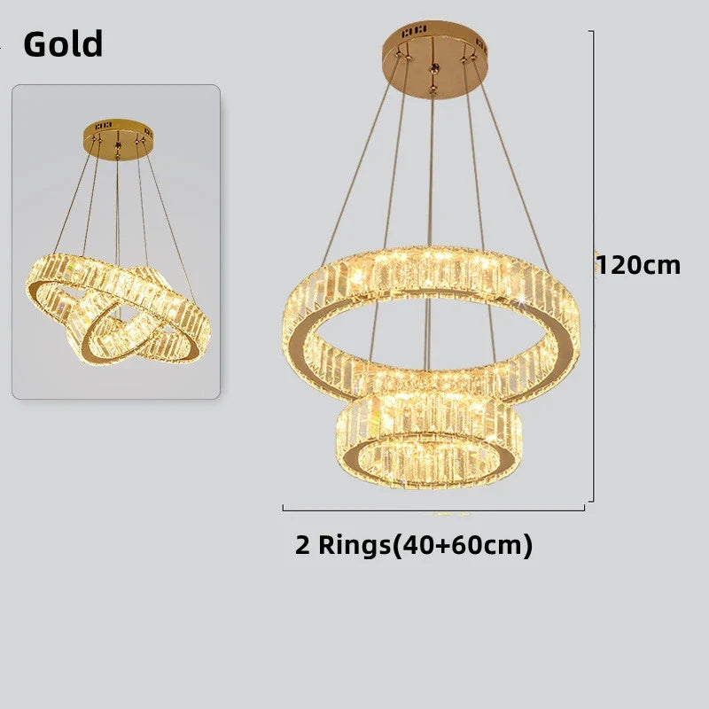 lustre moderne en cristal avec anneaux réglables pour décoration intérieure