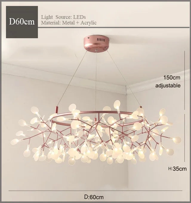2024 Nordic Hanging Living Room Chandelier Large Modern Kitchen Firefly Lamp Rose Gold Black Branch Round Chandelier Lighting