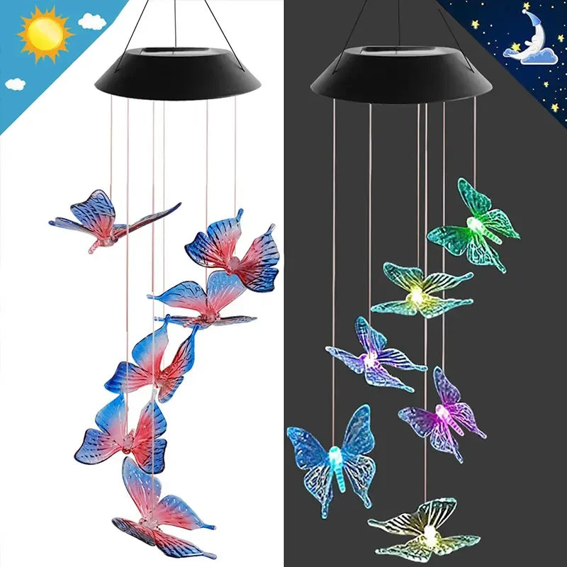 lampe solaire led colorée avec boule cristal papillon pour jardin