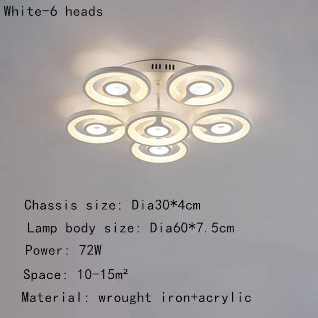 European New Multiple Heads Acrylic Led Ceiling Lamp For Bedroom Dining Room Round Iron Decoration Lighting chandeliers