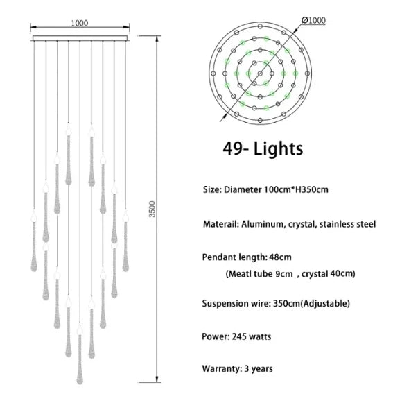 lustre led moderne en cristal pour grand escalier