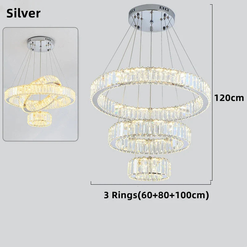 lustre moderne en cristal avec anneaux réglables pour décoration intérieure