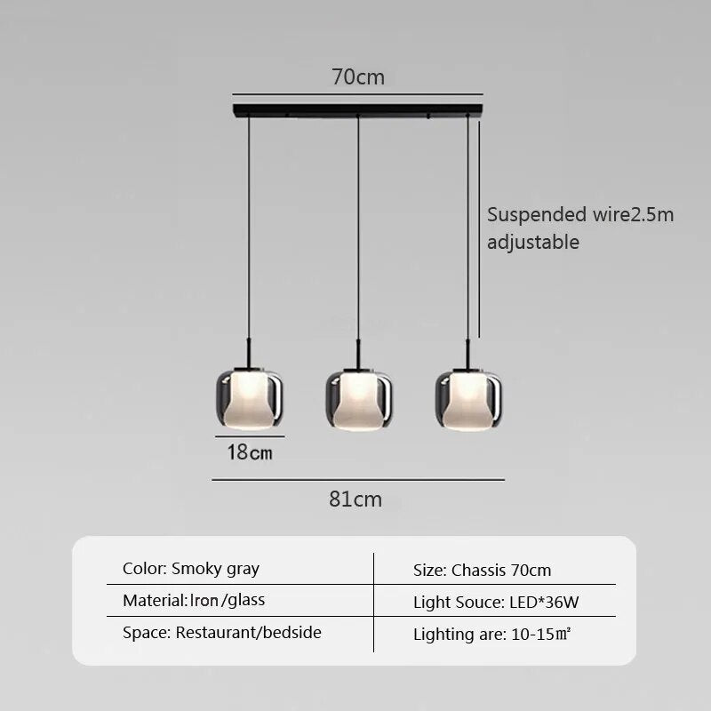 Suspension LED moderne en verre gris fumé à trois têtes