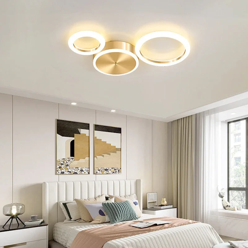 Plafond moderne à LEDs lustre en aluminium Simple plafonnier pour salon chambre salle à manger cercle anneaux plafonnier doré
