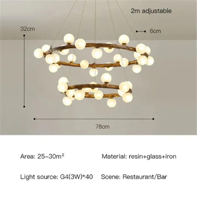 lustre rétro en forme de branche d'arbre en bois et verre