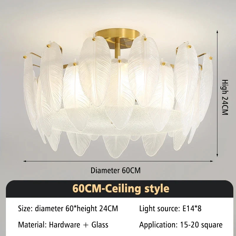 lustre moderne en verre avec plumes et lumière LED